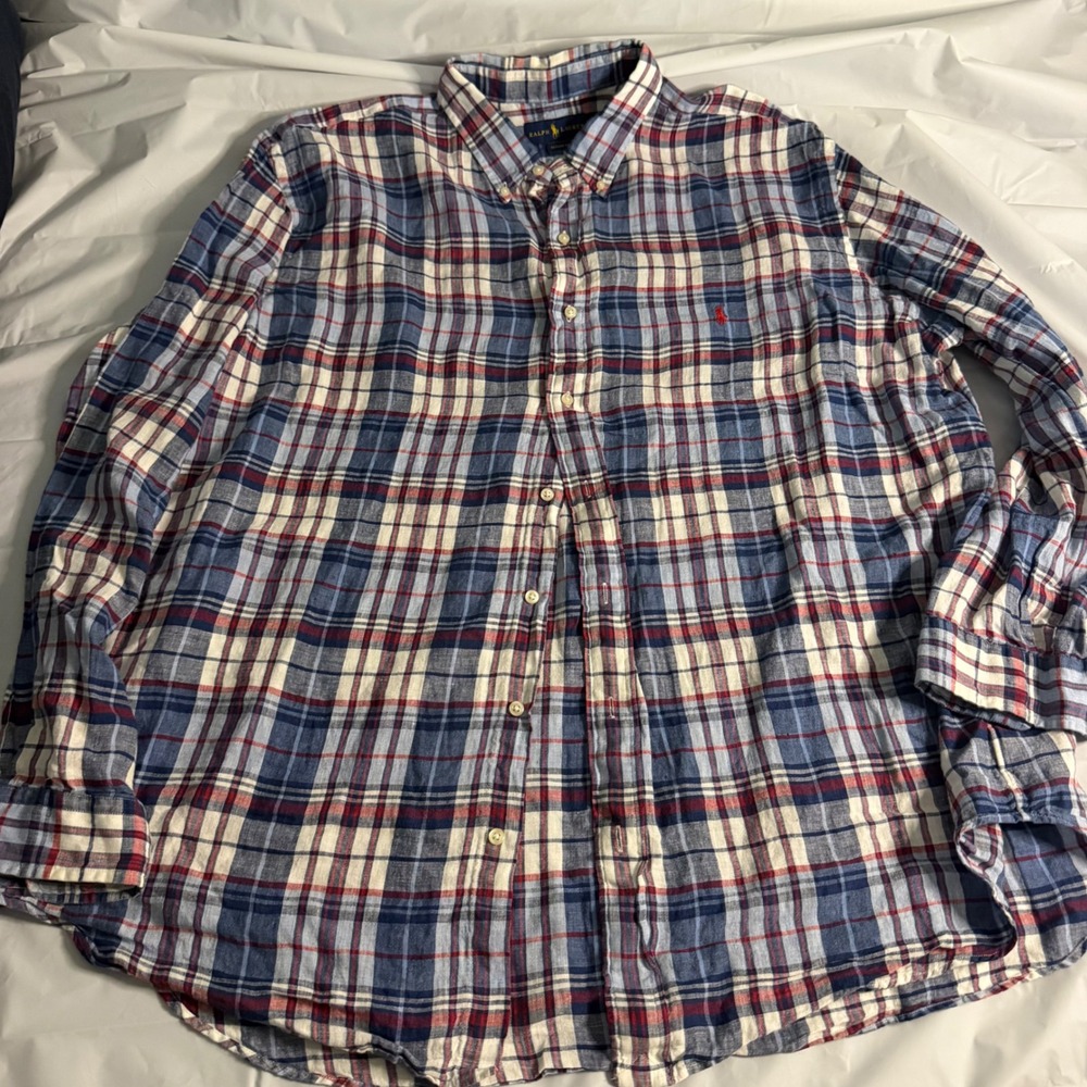 Ralph Lauren Mens Classic Fit Plaid Linen Shirt 2XLT Blue Red White Long Sleeve